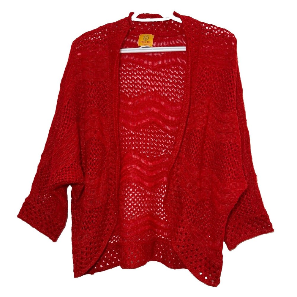 Ruby Rd Woman 1X Red Open Knit Cardigan Crochet Pointelle Dolman Sleeve Plus